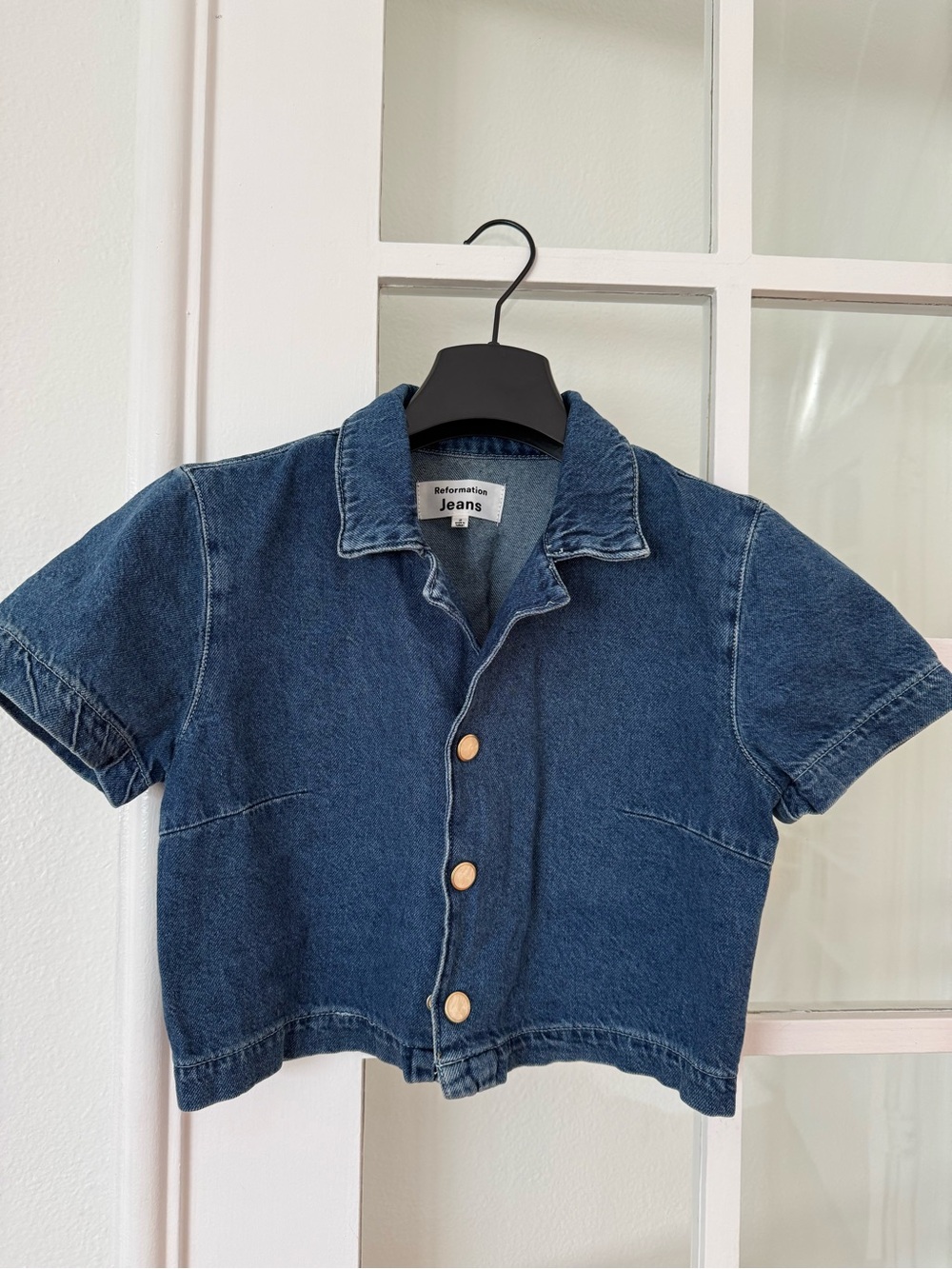 Reformation Dark Blue Denim Short-Sleeve Cropped Top